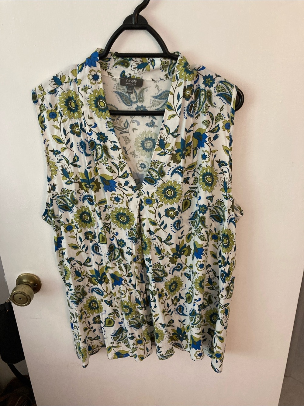 Ninety White Sleeveless V-Neck Blouse with Blue and Green Floral Print